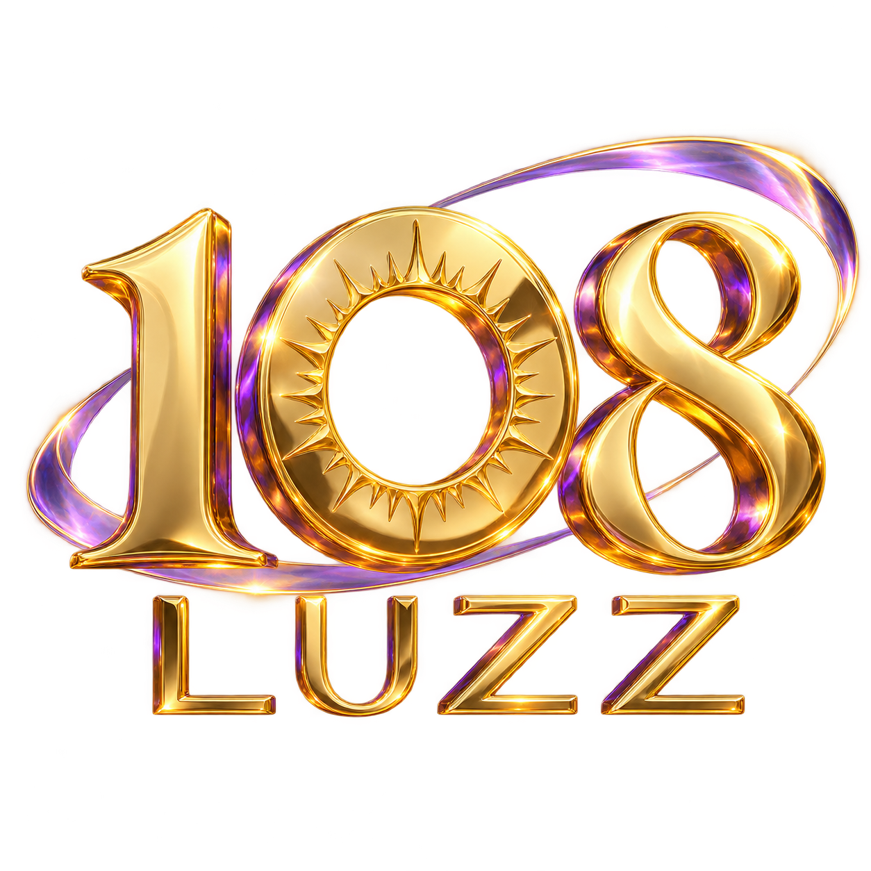 108 LUZZ — símbolo dourado com um sol no centro do zero e uma órbita violeta